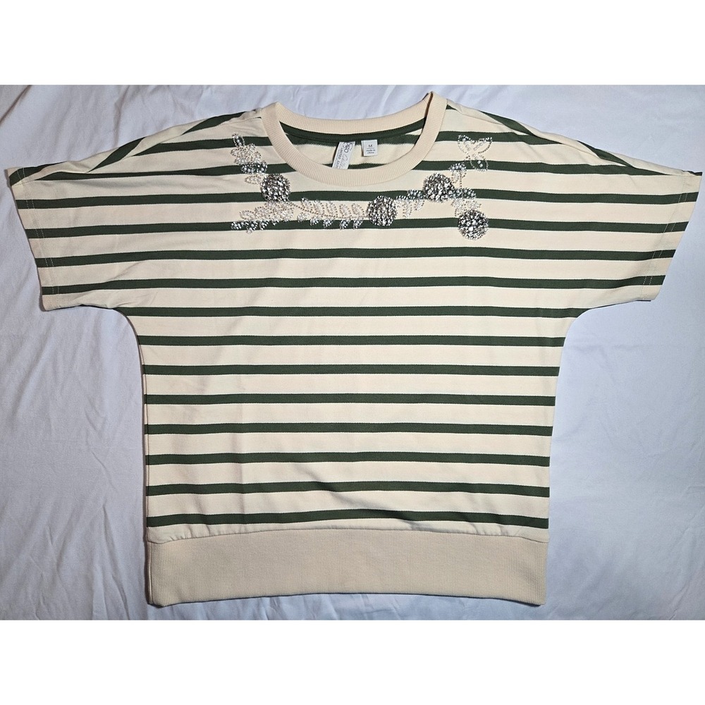 Embellished‎ Striped Top Size Medium Grandmacore Beaded Preppy Green Cream